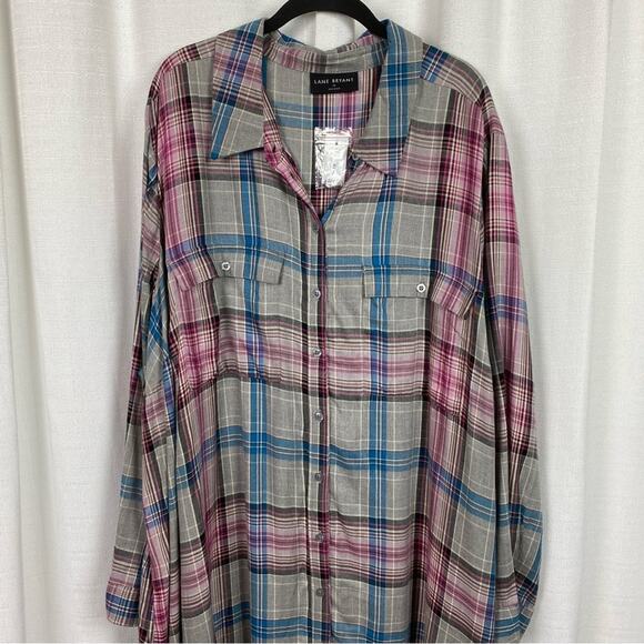 Lane Bryant Gray Pink&Blue Plaid Button Front Shirt Dress Sz.28W NWT - Picture 6 of 16